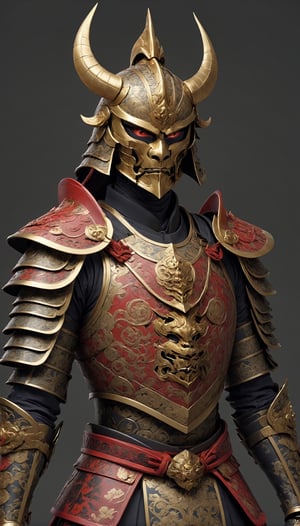  full Armor samurai, stands clad in intricately crafted traditional armor,golden accents,red demon mask, meticulously designed with expressive features,horn helmet, elaborate gold,traditional japanese art,ani_booster,armour wars 