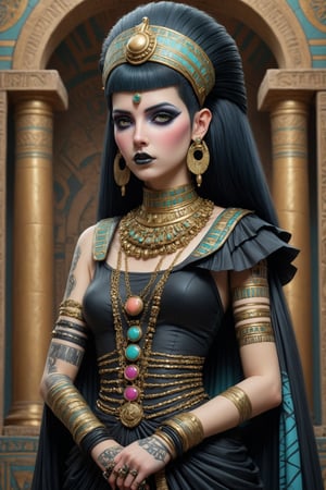 Cleopatra, a fusion of rococo punk fashion and edgy elements of elegant ancient Egyptian gothic punk, Cleopatra wears a gown with punk-inspired details and gothic accessories.,goth person,pastel goth,dal,GaelicPatternStyle