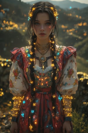 1 girl,
Portrait of an exotic beauty in traditional Bulgarian folk costume. Olive skin, high cheekbones, captivating green eyes, beautiful flowing black hair, braided hair, intricate robe, white embroidered blouse with puffy sleeves, colorful vest with intricate LED-illuminated embroidery, crimson pleated skirt,((LED-illuminated embroidery on the costume)), intricate floral and geometric patterns emitting soft light in gold and pastel colors. Ornate apron decorated with LED-illuminated threads, strings of sparkling beaded necklaces, LED-illuminated flower-shaped hair accessories adorning long black hair in traditional braids emit an ethereal light, delicate golden threads woven into the braids are softly illuminated, panoramic background of Bulgarian countryside. Highly detailed texture of fabric and embroidery. 8K resolution, photorealistic style with fantasy elements.,maya_model,Neon,lyraecho