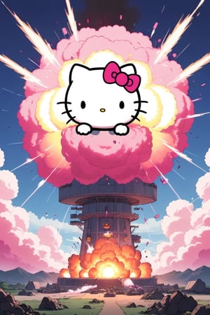 ((Hello Kitty)),pink nuclear bomb,kawaiitech,Explosion Artstyle