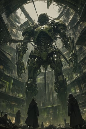 Beksinski-inspired painting of a dystopian, ultra-futuristic structure interior. The scene features an eerily massive construction machine equipped with terrifyingly large cranes, endlessly building a haunting, labyrinthine city. The atmosphere is dark and oppressive, with towering, skeletal frameworks and shadowy, mechanical tendrils stretching into the depths of the structure. The color palette is muted and grim, dominated by shades of gray, black, and sickly green, evoking a sense of desolation and eerie, otherworldly despair.,beksinskiart