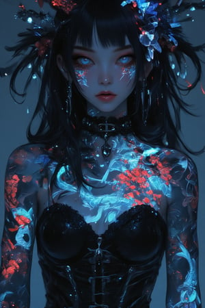 1 girl, gothic emo girl, long black hair and piercing blue eyes, sickly white skin, nose piercing, she wears a black lace corset, luminous body tattoos, Japanese tattoos, red cherry blossoms on her skin and blue koi fish intertwine across her body covered in glowing cyber tattoos with Japanese motifs,background highlighting the brightly glowing tattoos of neon blue and red backlighting, highly detailed,ct-identity,tron legacy style,glowingstyle,Midjourney_Whisper,TattooMale