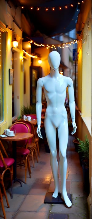 A creepy Male mannequin, with abnormally long arms and legs, standing in the corner of a café terrace. The mannequin's elongated limbs create an unsettling, distorted appearance, its lifeless eyes staring blankly ahead. The café terrace is softly lit, with tables and chairs arranged casually, some occupied by patrons enjoying their drinks. The background includes strings of fairy lights and potted plants, creating a cozy and inviting atmosphere that starkly contrasts with the eerie presence of the mannequin. Shadows cast by the terrace lighting enhance the mannequin's unsettling aura, making it stand out in the otherwise pleasant setting.",Mannequin