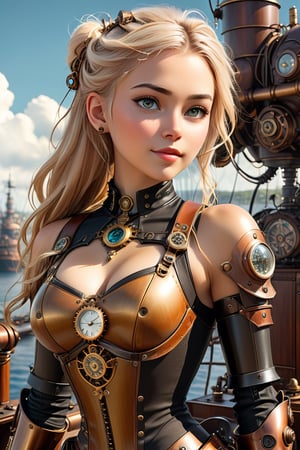 ultra detailed,ultra Realistic fantasy,
steampunk style cybernetic gadgets and a robotic arm,beautiful young Nordic lady,Extreme Ddetailed gadgets,tight leather body suit,(large breast),
steam punk style ship floating in the sky,ol1v1adunne