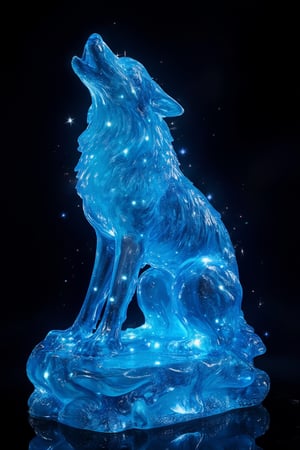 Translucent ice resin figure of a howling wolf, illuminated from within. Intricate details capturing the wolf's fur, facial features, and muscular structure. Figure posed with head tilted upward, mouth open in a howl,

Blue LED lights embedded inside, creating an ethereal glow that mimics the starry effect in the original image. Light diffuses through the semi-transparent resin, highlighting the wolf's form and creating a celestial atmosphere,
Tiny fiber optic strands integrated throughout the sculpture, representing stars and cosmic energy. These strands extend beyond the wolf's outline, suggesting a connection with the universe.
Base of the figure designed to resemble a swirling galaxy, with embedded lights and glitter to create depth and movement,
Resin mixed with subtle shimmering particles to enhance the magical, star-like quality when lit. Varying degrees of transparency in different parts of the sculpture to control light diffusion and create depth,
Overall effect: A stunning, three-dimensional interpretation of the cosmic wolf image, blending the beauty of ice sculpture with the technological possibilities of resin casting and LED lighting.,noc-space,Space Background