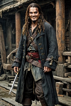Ultra realistic,ugly male pirate,low-ranking pirate,
black eyeliner, dirty coat,(Abnormally thin),long hair,evil smile,baggy trousers,gun belt, knee-length boots,Leonardo, Movie Still