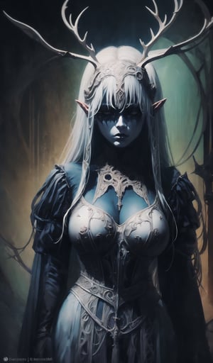 1girl,.albino demon little queen, (long intricate horns), a sister clad in gothic punk attire, face concealed behind a striking masquerade mask,themed,white_aesthetics,photorealistic,Masterpiece,Realistic,dark fantasy,intricate printing pattern ,nodf_lora,Colorful Binary Code Energy