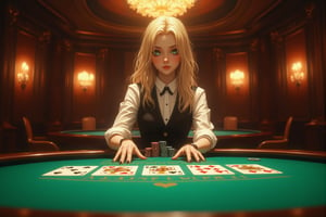 POV shot of a poker table in a luxury casino. In the foreground is a gorgeous green felt surface. Across the table is a beautiful Scandinavian female dealer in her early 30s. Blonde hair, blue eyes, professionally dressed in a white shirt and black vest. She is dealing cards with expert precision. A royal straight flush of diamonds is clearly visible on the table, along with five playing cards lined up: King Ace Queen Jack Ten of diamonds,
Warm ambient lighting glowing softly from the chandelier above. A pile of chips is visible at the edge of the table,
Polished wooden table rim,1girl,Flat Anime Niji Style