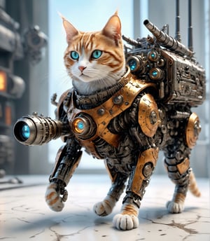 Extreme detailed, ultra Realistic, futuristic, A Munchkin cat with a high-tech Gatling gun on its back, Solo, 1cat, large Gatling gun, fire, high-tech cybernetics Munchkin,((four legs)), ULTRA Real, Realistic cat, military, monster, ,mecha,aw0k cat,GLASS,DonMCyb3rN3cr0XL 