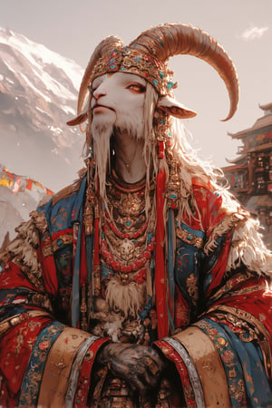 Majestic long-haired goat, adorned in opulent Tibetan wedding attire, Lustrous white coat cascading to the ground, meticulously groomed and adorned with intricate braids and golden threads woven throughout,

Headpiece: Elaborate gold and red crown featuring turquoise and coral inlays. Long silk ribbons in vibrant hues flow from the crown, intertwining with the goat's silky fur,
Facial features: Striking amber eyes, decorated with kohl-like patterns. Beard adorned with small golden bells and colorful beads,
Body attire: Rich red silk chuba (traditional Tibetan robe) embroidered with golden dragons and auspicious symbols. Wide sleeves trimmed with fur and adorned with intricate brocade patterns,
Accessories: Multiple strands of coral and turquoise necklaces drape the neck. Gold-plated hooves. Ceremonial scarf (khata) in white silk draped across the back,
Background: Misty Himalayan peaks, prayer flags fluttering in the breeze. Ornate temple architecture visible in the distance,
Lighting: Soft, golden sunlight highlighting the goat's regal bearing and the rich textures of the costume,
Overall impression: A surreal blend of animal grace and human cultural richness, embodying Tibetan wedding traditions in a whimsical, elegant manner.,furry