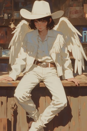  Western saloon,1 Girl,where a little girl dressed in a pure white cowboy costume sits on the counter. Her outfit includes a white cowboy hat, a tailored shirt, fringed jacket, and well-fitted trousers, all in pristine white. Polished boots and a classic belt with a silver buckle complete her look. Adding a touch of ethereal charm, she has pure white wings gracefully extending from her back,AngelStyle,wings,better photography,aesthetic portrait,dal-1,lyh,anime,mia,animaport