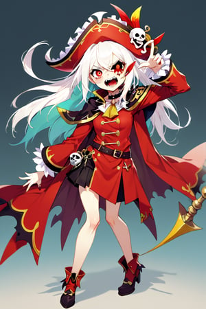  g hikorou style,
1Girl,Comical anime,evil female commander, pirate captain motif,Bright red suit, flowing cape,very Long spike white hair, spiky bangs. Sharp eyes, mischievous grin with pointy teeth. Oversized pirate hat, eyepatch with skull design. Golden hook hand, ornate peg leg. Parrot sidekick on shoulder. Exaggerated hourglass figure, dynamic pose. Surrounded by cartoony effects. Cel-shaded style, bold outlines. Vibrant colors. 8K resolution, focus on facial features and outfit. Blend of villainy and comedic charm in anime aesthetics,
devilot_de_deathsatan