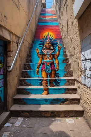 masterpiece, best quality, stair-art, stairs art, alleyway's exterior featuring a vivid representation of Tezcatlipoca,