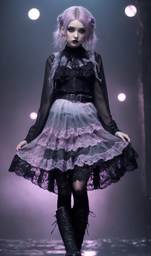 photorealistic concept art, 1girl,nordic Young girl,
Fairy Grunge Fashion Girl,Grunge-Lolita  Fashion, A pixie-cut hair, 
torn girly pastel lace blouse,combat boots,The ethereal glow, metallic accessories, and moody atmosphere create a mystical aura,
Damaged Gothic Lolita long Skirt,lace Skirt,runge elements, her look exudes dark glamour,natural volumetric cinematic perfect light,pastelbg,pastel goth