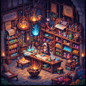 Isometric pixel art ,fantastical alchemist shop, 16-bit style, female anthropomorphic dog shopkeeper, magical potions and ingredients, steaming cauldrons, ancient spell books, crystal balls, glowing runes, floating herbs, colorful liquids in glass vials, wooden shelves filled with curiosities, enchanted artifacts, medieval fantasy setting, warm candlelight, cobblestone floor, cluttered workbench, magical symbols etched on walls, bubbling experiments, mystical smoke effects, cute pixelated characters, vibrant color palette, retro game aesthetic, detailed micro scenes, alchemy apparatus, mortar and pestle, star charts, dragon eggs, fairy dust jars, magical wands, quirky fantasy elements, cozy shop interior, charming pixel details, depth through dither shading, isometric perspective grid, clean pixel edges, no anti-aliasing,Pixel Art,Color