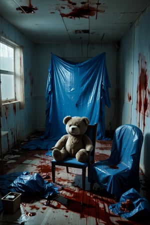 Empty room, entirely covered in blue tarpaulin, clinical atmosphere, single chair in center,
Bloodstained teddy bear t, stuffing spilling out.  cinematic framing,BloodOnScreen