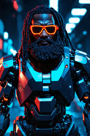 ultra Realistic,Extreme detail photo,1man,
Cyberpunk-style overweight Black cyborg,fat body, Long black dreadlocks, with neon-lit cybernetic implants. Futuristic cyber sunglasses with holographic display. Long beard adorned with glowing LED lights in various colors. Bulky frame with visible mechanical parts integrated into dark skin. Wearing sleek, high-tech body armor. Robotic arm with exposed circuitry. Urban neon-lit background. Photorealistic style with sci-fi elements. 8K resolution, focus on facial features and cyborg enhancements. Blend of human and machine aesthetics