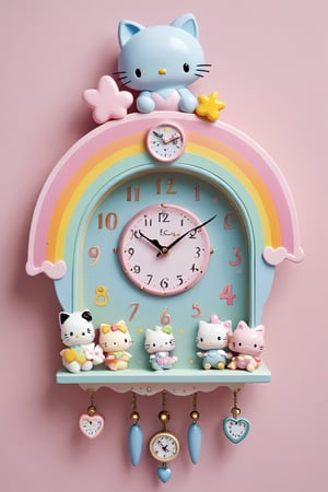 Cuckoo Clock,In a whimsical world reminiscent of Sanrio, a charming cuckoo clock adorns the wall in a delightful design. The clock face, decorated with pastel colors and adorable characters, playfully depicts Hello Kitty, My Melody, and other Sanrio friends. Instead of numbers, small hearts and stars mark the time, adding sweetness to each passing moment. The hands of the clock, shaped like a miniature rainbow, gracefully cross the dial to the gentle cooing of a dove. At every hour of the hour,kawaiitech