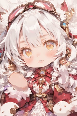 Cute anime-style kemono character, young girl with animal features. White fluffy fox ears and tail. Long silver-white hair, Large golden eyes with a curious expression. Wearing a red and pink outfit with frilly details. Red headband with goggles, Furry paw hands.,Chibi proportions with a large head and small body. Soft, pastel color palette. Slight blush on cheeks.looking slightly to the side, Kawaii style, highly detailed, digital art,Made in abyss manga,Chibi-chan