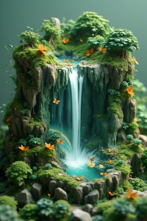 Isometric style, beautiful magical forest diorama,. Multilayer 3D cube structure with a width of 30cm,
A huge amount of water falls from a gigantic and beautiful mysterious waterfall, a beautiful rainbow appears around the waterfall, and miniature golden butterflies decorate the surrounding area.
Overall greenish color scheme. Highly detailed, 8K resolution, tilt-shift effects. Photorealistic miniature art style.,noc-isometric,EdwardH0pp3r