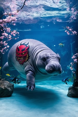 A large manatee floats gracefully in a spacious aquarium tank. Its grey skin is adorned with intricate Japanese-style tattoos. On its back, a fierce oni (Japanese demon) mask is inked in bold red and black, with golden accents highlighting its horns and teeth. Delicate pink cherry blosssom branches with drooping flowers stretch across the manatee's sides, creating a beautiful contrast to the oni. The tattoos appear to shimmer and move with the manatee's skin as it swims. Crystal-clear water surrounds the creature, with small bubbles rising. Soft blue lighting illuminates the tank, enhancing the tattoos' colors. Other fish dart around the manatee, some pausing to investigate the unusual sight. Aquarium 