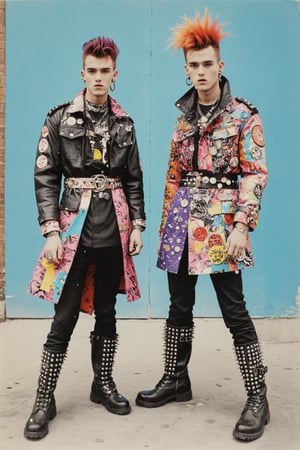 monochrome,male, vibrant and unconventional punk rock fashion, ensembles inspired by kitsch and maximalism, bold prints, clashing colors, oversized jackets decorated with whimsical patches, bright colors Unique accessories such as leggings, thick belts and decorative boots, spike studs,cinematic style