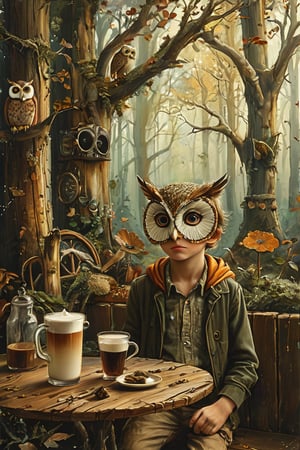  fantasy-style vintage painting, boy wearing an owl mask. He stands in a café inspired by a forest, with tree trunks and branches integrated into the décor, creating an enchanting, woodland atmosphere. The boy's outfit complements the theme, blending earthy tones and textures that evoke the surrounding nature. The scene captures the mystical charm of the forest within the cozy, magical setting of the café.