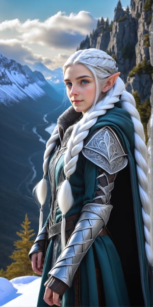 Extreme detailed,ultra Realistic,
beautiful young ELF lady,platinum silver shining hair, long elvish braid, side braid, blue-grey eyes,elf ears,
Wearing Celtic leather Armor, hooded cloak, animal fur hood, intricate clothing, animal fur clothing, dark clothing, waistband, scarf, soft smile, bending posture, looking into the distance, 
snowy mountain scenery, overlooking valley, river, white clouds, seen from behind,ol1v1adunne