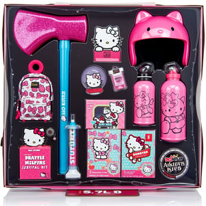 The "Zombie Survival Kit" is filled with adorable Hello Kitty-designed items. The kit includes a bright pink sparkly axe with Hello Kitty's face on the handle, a cute and compact backpack covered in her iconic bow, a small decorated first aid kit, Hello Kitty-printed bandages and syringes, a sleek water bottle with Hello Kitty's face etched on it,Completing the kit is a stylish bubblegum pink helmet with Hello Kitty's ears sticking out from the sides,(The screen has the text "Hello Kitty Survival Kit" and "$450" written in cute font)