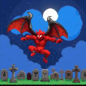 red arremer, the male red demon,flyiing up in the sky,diving down on the viewer,dissolving into pixels,
cemetery background,
Pixel art,pixel art,,