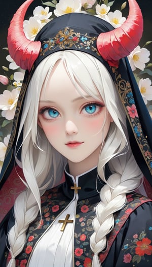 albino Demon Girl, (long intricate horns:1.2),Beautiful nordic girl, a nun adorned in a colorful and stunning floral-patterned habit,(pink wimple),
colorful scapulae,Cross,
Very long braided hair,colorful braided hair,radiating vibrancy and life.,Her attire exudes warmth and kindness, spreading serenity like a blooming garden. With elegant grace, ,mizuki shiranui,aesthetic portrait,ktrmkp,Realistic Blue Eyes,tlps