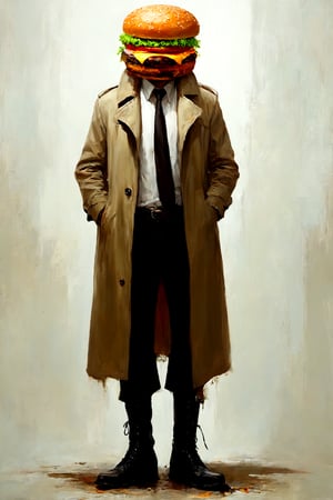 A man whose face turns into a juicy hamburger, a hard-boiled atmosphere, a trench coat, a tie, and long black boots.