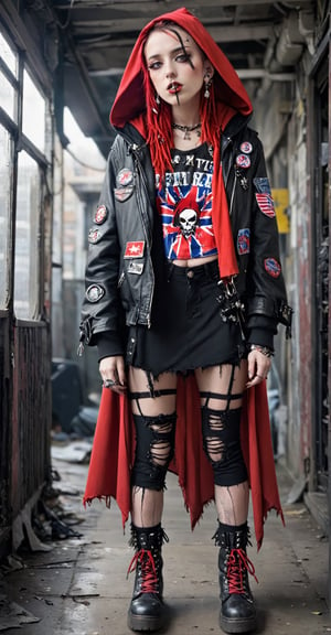 A punk rock version of Little Red Riding Hood, 14, dressed in a rebellious fusion of edgy fashions
(standing:1.2), red hooded cape with torn fishnet accents, adorned with punk-inspired patches and pins. Septum earrings, more calls, ratty dreads, more patches, crust-core, anti-union flag designs, dirty torn studded spike leather jackets, hardcore punk style jackets, lot punk badges, military boots laced up her legs,,Rebellin, Dal,Pink Emo,pink-emo