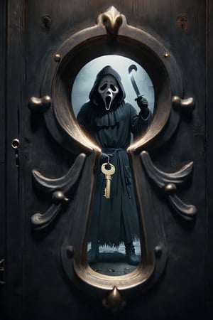 ((Screen through the keyhole)),solo,Ghostface, raised blade, black robe, horror, backDonMK3yH0l3XL,ghostface mask,Hollow