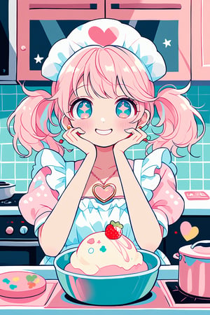 1girl,vtuber anime character design,
adorably kawaii girl cooking in a pastel pink kitchen. She wears a puffy-sleeved dress with a heart-patterned, frilly gingham apron in baby blue and white. Her rosy cheeks dimple as she smiles sweetly, eyes sparkling like stars. Fluffy pigtails tied with oversized polka-dot bows bounce as she stirs a bowl. Colorful, star-shaped sprinkles float magically around her. She wears strawberry-shaped earrings and a cupcake necklace. The kitchen is decorated with smiling anthropomorphic utensils and appliances. A happy sun peeks through heart-shaped windows. Pastel rainbow-colored cupcakes cool on the counter. Tiny, kawaii animals in chef hats assist her,

LOVE+PIECE+ICECREAM! The fancy I'm looking for all over the world Holding a sweet,
 melting miracle in your hands LOVE...CHOP!! ,
L・O・V・E・&・P・E・A・C・E・& Our HOT and COOL DIVA！,
HEY! You KNOW! Ice cream! How great! Mellow and Glow LIKE A Fever！
 Kissable and solid flavor！,
 fighting is NO-GOOD!
 Topping strawberry with love Boring! 
The important thing is These are the three things I'm going to tell you!,………LOVE+PIECE+ICECREAM！
,anime style,anime girl,future0615