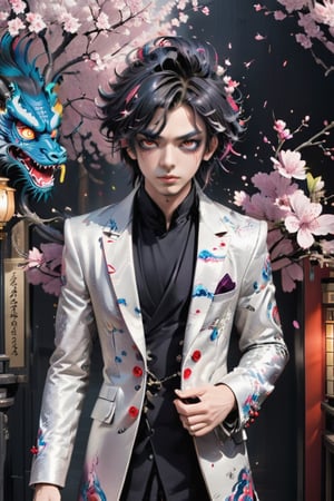 1man,visually striking male figure, in a luxurious double-breasted frock coat with a Japanese twist,Envision the coat crafted from sumptuous silk brocade, featuring intricate patterns inspired by traditional Japanese motifs such as cherry blossoms, dragons, or waves,

The man's hair is styled in a flamboyant manner, with streaks of vibrant color and elaborate hair accessories reminiscent of visual kei fashion. His makeup is dramatic, with smoky eyes and bold lip color, enhancing his enigmatic allure,Around his neck, envision a statement necklace crafted from lacquered wood or adorned with ornate kabuki masks, further accentuating the fusion of Japanese and visual-kei ,Stylish,abmhandsomeguy