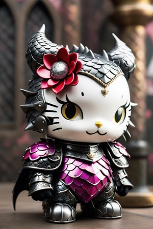 A Hello Kitty adorned in gothic punk-style dragon scale armor exudes a captivating fusion of cuteness and edgy aesthetics. The iconic character is encased in intricately designed metallic dragon scales, creating a unique juxtaposition between its typically sweet demeanor and the dark, gothic-inspired elements.,dragon armor