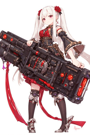 1girl,Kim Hyung Tae Anime-style illustration of a fierce young woman, wielding an enormous gatling gun, Character: dual-colored hair, (white and gold twintails), red flower accessories,Outfit: black and red dress with goth-inspired details, thigh-high boots. Expression: determined, slightly cocky smile,Pose: dynamic, holding massive weapon, body turned slightly,
Gatling gun: oversized, futuristic design. Black metal body with red accents and glowing parts. Multiple rotating barrels, complex mechanical details. Gun larger than the character herself,
Color scheme: primarily black and red with white accents,Style: highly detailed anime art, clean lines, emphasis on mechanical designs. Background: plain white, focus entirely on character and weapon.
Additional details: red ribbon-like elements flowing from dress and gun, intricate patterns on clothing and weapon, slight metallic sheen on gun parts. Overall impression: powerful, stylish fusion of traditional Asian aesthetics with futuristic weaponry.,Anime Style,fantasy girl,FuturEvoLabBeautify