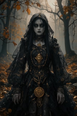 mystical portrait of a dark oracle priestess in an autumnal forest setting. She wears an elaborate black sheer veil and dress decorated with intricate gold embroidery patterns and celestial motifs. The fabric features delicate metallic thread work creating mysterious symbols and constellations. Her face shows dramatic gothic makeup with dark eyes and occult symbols painted around them. A large antique brass medallion pendant with mystical engravings hangs from her neck. The black gossamer fabric of her dress and veil flows ethereally, adorned with tiny crystals that catch the dim forest light. The background shows a misty autumn forest with golden leaves and dark tree trunks. She wears multiple layers of ornate jewelry with mystical symbolism, including moon phases and archaic runes. Face paint and temporary tattoos suggest ritual markings. The lighting is moody and atmospheric, with occasional gleams highlighting the golden embroidery against the black fabric. Fantasy photography style, perfect focus on intricate costume details, dark romantic atmosphere, mystical elements, professional lighting emphasizing the mysterious mood,Hyperrealism &Surrealism,Gothic,corpsepaint