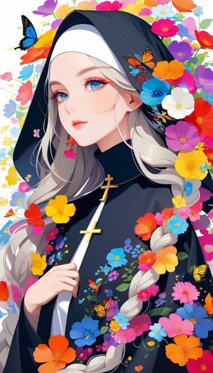 1girl,Beautiful nordic girl, a nun adorned in a colorful and stunning floral-patterned habit,(pink wimple),
colorful scapulae,Cross,
Very long braided hair,colorful braided hair,radiating vibrancy and life.,Her attire exudes warmth and kindness, spreading serenity like a blooming garden. With elegant grace, ,mizuki shiranui,aesthetic portrait,ktrmkp