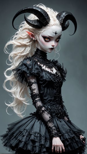 (masterful), ((ballet dancer)),((full body)),
albino demon little queen, (long intricate horns), a sister clad in gothic punk attire,Visualize a gothic-style ballet dancer, clad in an elaborate ensemble that merges the elegance of traditional ballet dancer,attire,wearing a black tutu,DonM1i1McQu1r3XL,nocturne,ct-niji2