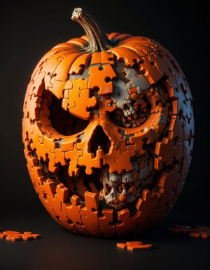 Jack o'lantern head constructed entirely of 3D jigsaw puzzle pieces in orange pumpkin colors, Traditional carved scary face with some pieces intentionally missing revealing bone structure beneath, Each puzzle piece has distinct beveled edges and interlocking mechanisms clearly visible, Several pieces floating or falling away from main structure creating unsettling gaps, Exposed areas show detailed white skull fragments and bone texture visible through gaps, Puzzle pieces vary in size creating complex facial features of pumpkin, Some pieces slightly ajar or misaligned adding to creepy effect, Carved eyes and mouth glow with eerie light showing both puzzle structure and skeletal interior, Surface texture combines smooth puzzle piece finish with realistic pumpkin ridges, Dark shadows cast within missing piece gaps emphasizing depth, Internal bone structure appears aged and weathered, Color palette focuses on orange pumpkin tones contrasting with pale bone white, Lighting creates dramatic shadows between puzzle pieces,JigsawPuzzle,Jack-o'-lantern