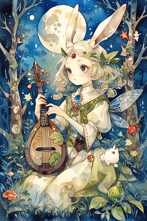 fairy tale illustrations,Simple minimum art, 
myths of another world,Perfect sky, moon and shooting stars,moon on face,
pagan style graffiti art, aesthetic, sepia, ancient Russia,(holy bard),holding an old lute,
A female shaman,(wearing a rabbit-faced mask),
Gentle rain, warm sunlight filtering through the leaves, ancient forest,
watercolor \(medium\),jewel pet,acidzlime