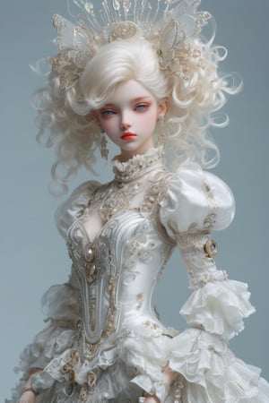 Imagine a ball-jointed doll,dressed in a cyberpunk-inspired Rococo dress. The doll features intricate joints, allowing for lifelike poses. Her dress merges the ornate elegance of Rococo with futuristic cyber elements. The fabric is a mix of rich silks and metallic materials, adorned with elaborate lace and digital patterns that glow subtly. The bodice is detailed with delicate ruffles and cybernetic embellishments, while the skirt flares out in layers, combining traditional Rococo volume with sleek, modern lines. Her hair is styled in a powdered wig, interwoven with fiber optic strands, 