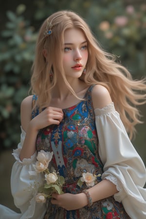 1 Nordic girl,long blonde hair,
long golden hair, beautiful white skin,
Picture a mesmerizing fusion where the rich heritage of Hmong ethnic attire intertwines with the enchanting world of Lolita fashion. The garment, a visual symphony, showcases vibrant cross-stitch patterns reminiscent of Hmong craftsmanship, meticulously stitched in an array of colors. The dress flows gracefully, embracing the whimsical elegance of Lolita fashion with lace, bows, and layers, creating a harmonious dance of tradition and modernity. Each detail, a brushstroke in this vibrant canvas, tells a story of cultural richness and sartorial fantasy, offering a feast for the eyes that captivates and transcends genres.,Flower queen,painting,REALISTIC,INFLUENCER,Midjourney_Whisper