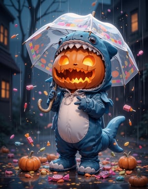 Jack o'lantern wearing cute blue-grey shark kigurumi standing under colorful candy rain, Holding transparent umbrella decorated with small candy patterns, Shark costume features soft plush material with white belly and felt teeth along hood, Carved pumpkin face glowing warmly through costume with playful expression, Various candies falling like rain - colorful lollipops wrapped candies and candy corn creating magical atmosphere, Umbrella slightly tilted catching candy pieces creating fun display, Shark costume's tail and fins bouncing playfully in candy storm, Inner pumpkin glow illuminating nearby falling candy with warm orange light, Small puddles of scattered candy forming at base, Costume appears slightly oversized creating charming effect, Background shows twilight Halloween setting with candy rain streaks