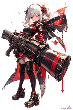 1girl,Anime-style illustration of a fierce young woman, wielding an enormous gatling gun, Character: dual-colored hair, (white and gold twintails), red flower accessories,Outfit: black and red dress with goth-inspired details, thigh-high boots. Expression: determined, slightly cocky smile,Pose: dynamic, holding massive weapon, body turned slightly,
Gatling gun: oversized, futuristic design. Black metal body with red accents and glowing parts. Multiple rotating barrels, complex mechanical details. Gun larger than the character herself,
Color scheme: primarily black and red with white accents,Style: highly detailed anime art, clean lines, emphasis on mechanical designs. Background: plain white, focus entirely on character and weapon.
Additional details: red ribbon-like elements flowing from dress and gun, intricate patterns on clothing and weapon, slight metallic sheen on gun parts. Overall impression: powerful, stylish fusion of traditional Asian aesthetics with futuristic weaponry.,Anime Style,fantasy girl