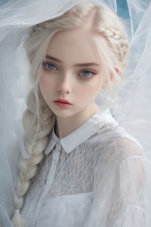 1 girl, albino girl,12 years old,(Pure white long braided pigtails),braided hair, Beautiful iris with high precision,,sexy mesh fishnet blouse,Girl in transparent raincoat,Luxury Room Backdrops ,dal,loukong1,gigantic_breasts,Realistic Blue Eyes