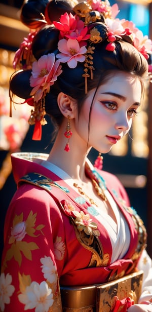 (RAW photo, best quality), (realistic, photo-Realistic:1.3),
stunning courtesan (oiran) in traditional Japanese attire, embodying the grace and beauty of a flower. Envision an intricately adorned kimono featuring vibrant and intricate floral patterns,The hairstyle should be an elaborate arrangement, perhaps with traditional kanzashi hair ornaments. Incorporate subtle makeup, delicate accessories, and a serene expression that captures the elegance associated with a flower courtesan,Ensure the backdrop reflects a refined, traditional setting, enhancing the overall aesthetic of this captivating,Oiran,Exquisite face