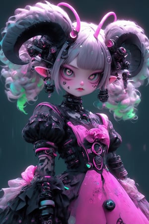 kawaii robotic cyberpunk Lolita girl, with led plastic horns, view from below,Depth and Dimension in the green Pupils, gracefully crystalline cheeks, her attire adorned with intricate pink lace and dark, ethereal fabrics,elegantly complement her elaborate hairstyle, creating a mystical and captivating presence,eyes reminiscent of acyberpunks's gaze, exude an otherworldly charm, adding a touch of fantasy to the Gothic Lolita aesthetic,The fusion of traditional Lolita elements with cyberpunk-inspired details results in a unique and enchanting character,cyber-themed,goth person,lolita_fashion,echmrdrgn, (cyberpunk colors, grunge but extremely beautiful:1.4), dark futuristic background,DonMCyb3rN3cr0XL 